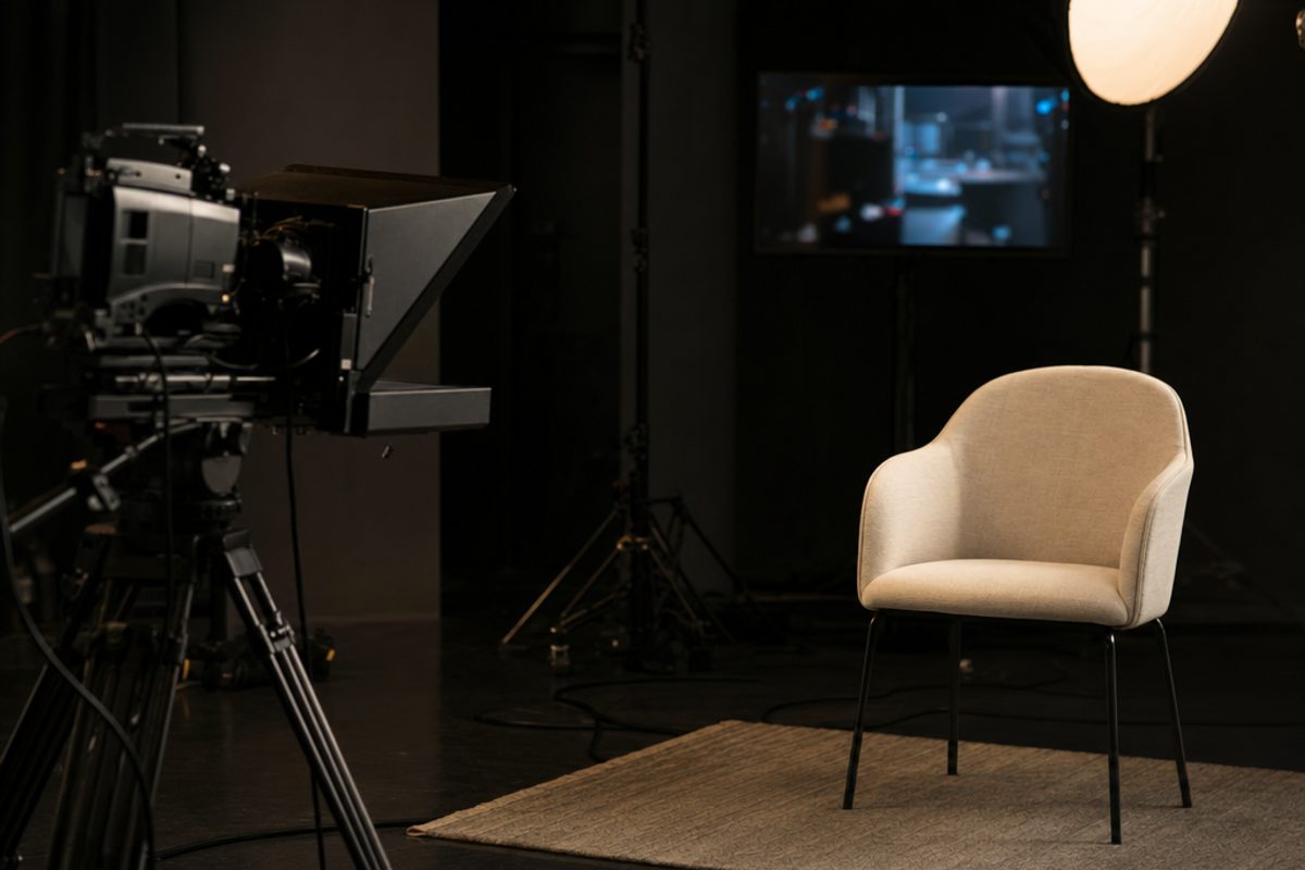Broadcast-Kamera mit Teleprompter vor leerem Interviewstuhl im Studio