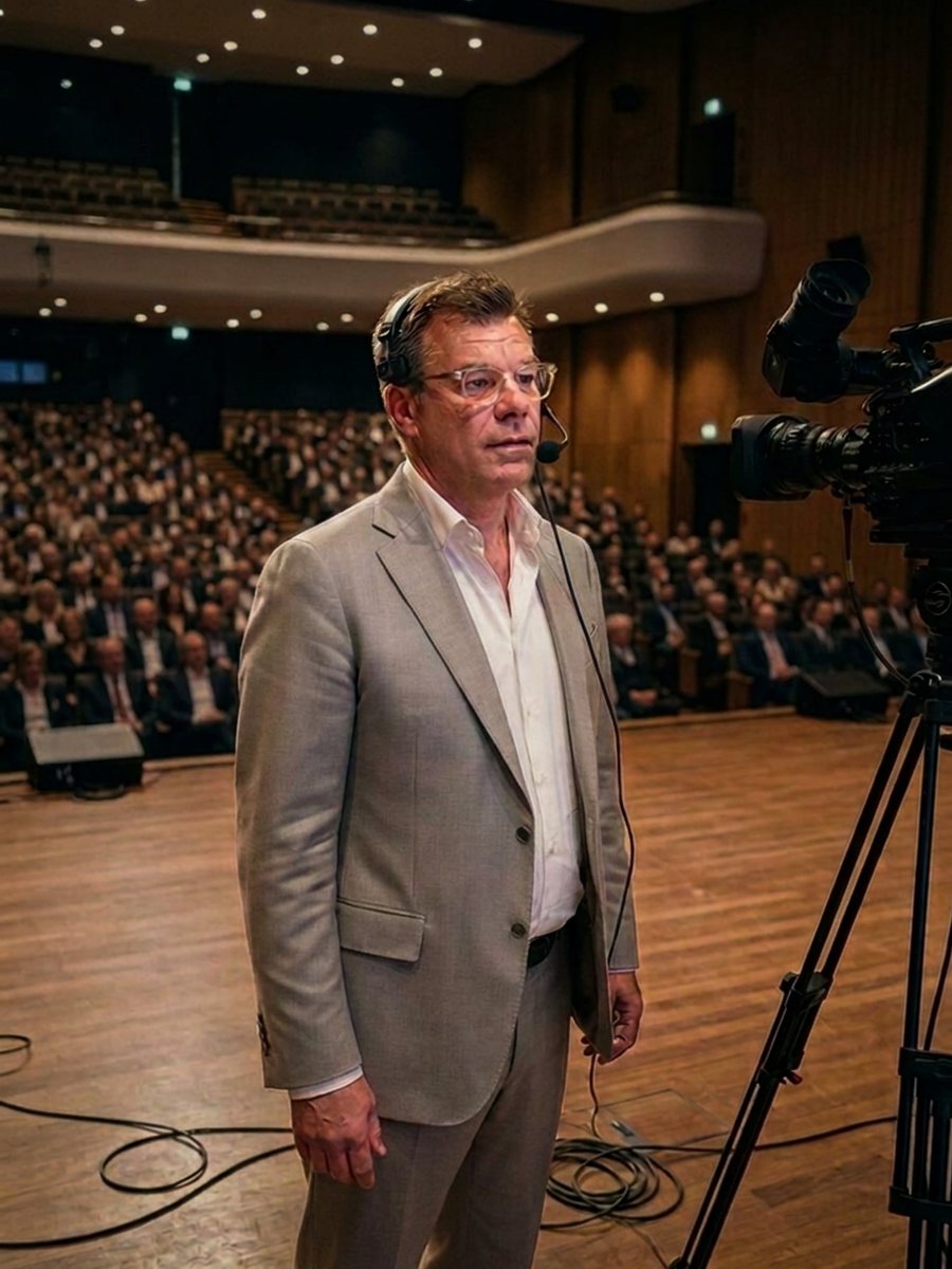 Daniel Kerst mit Headset auf der Bühne eines Town-Hall-Events