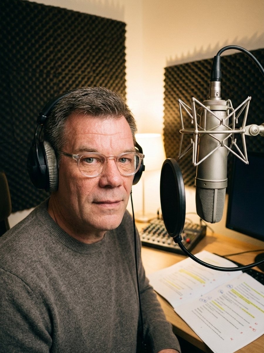 Daniel Kerst am Broadcast-Mikrofon im dunklen Studio