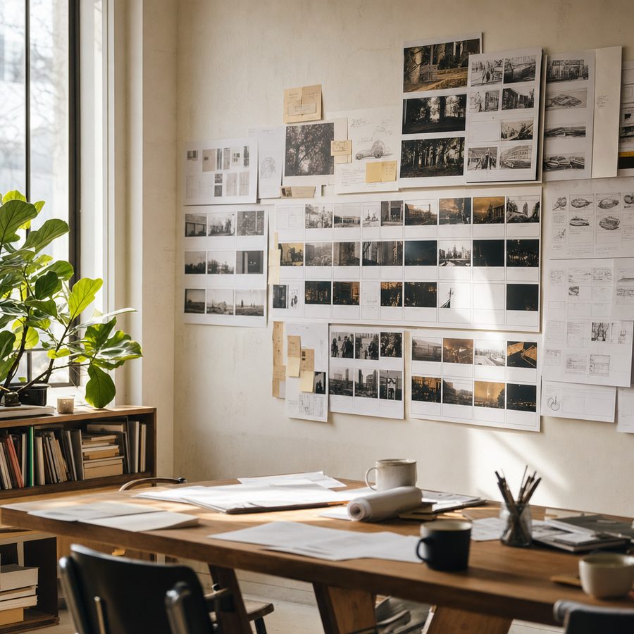 Helles Produktionsbüro mit Storyboard-Wand am Morgen