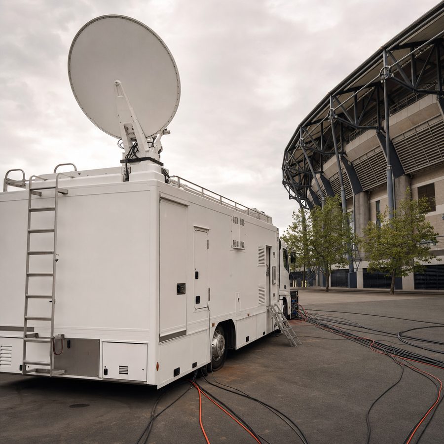 Übertragungswagen mit Satellitenschüssel vor einem Stadion