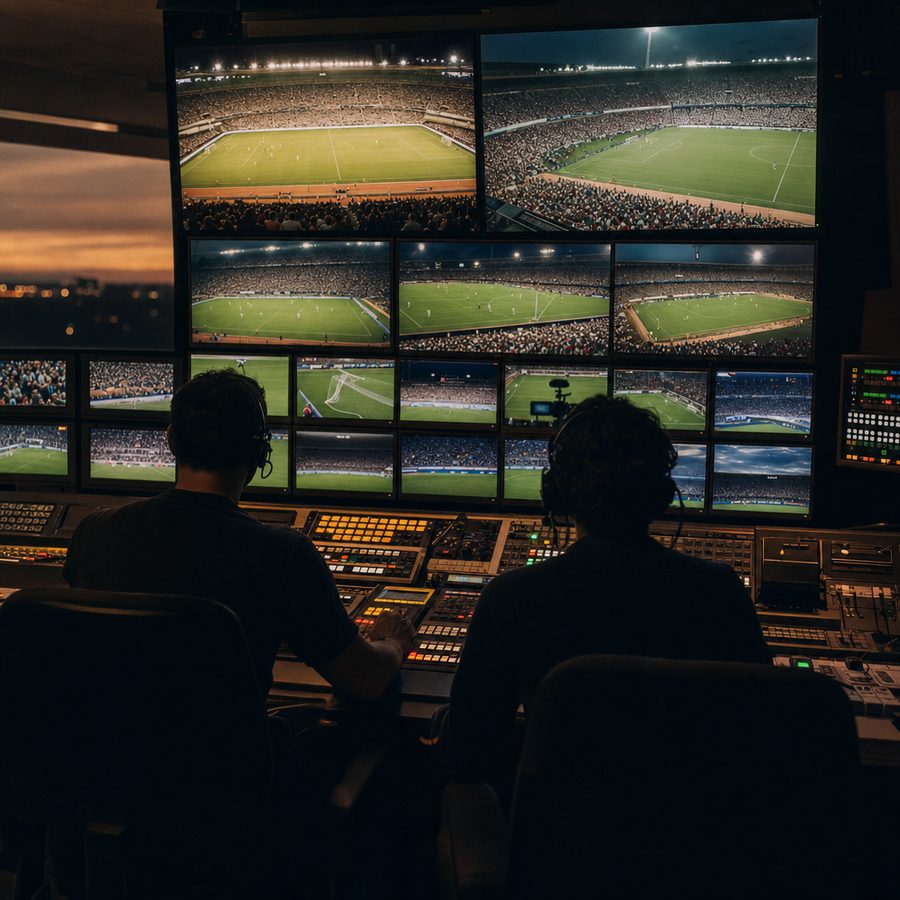Broadcast-Regie mit leuchtender Monitorwand am Abend