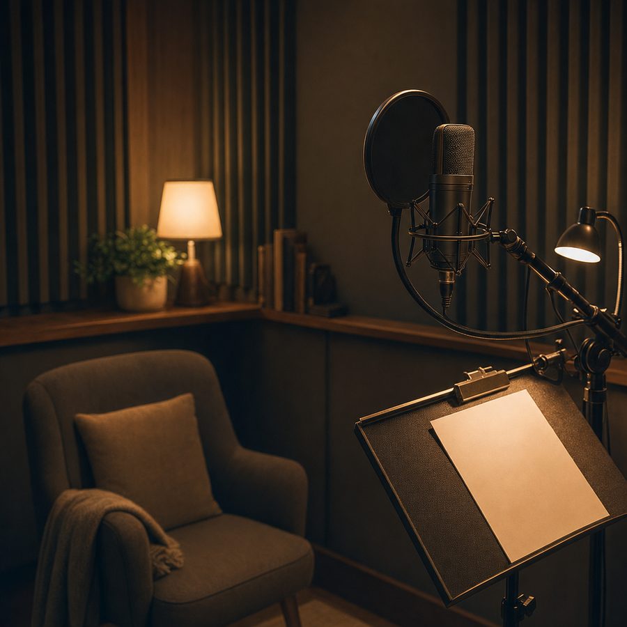 Sprecherkabine mit Broadcast-Mikrofon und Skript